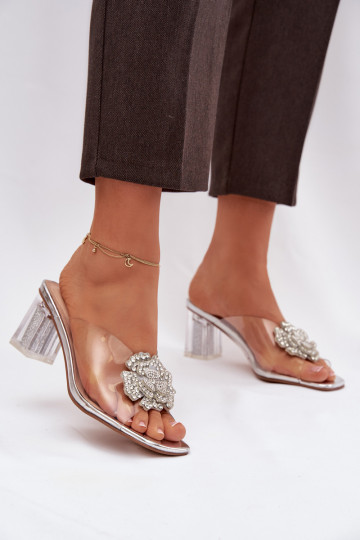 Zilveren transparante slippers D&A MR1037-20 met hakken en ornamenten