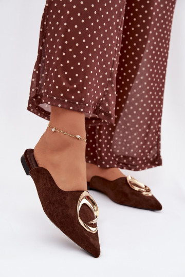 Dames chocoladekleurige "Mule" slippers met luxe gouden details Galvella