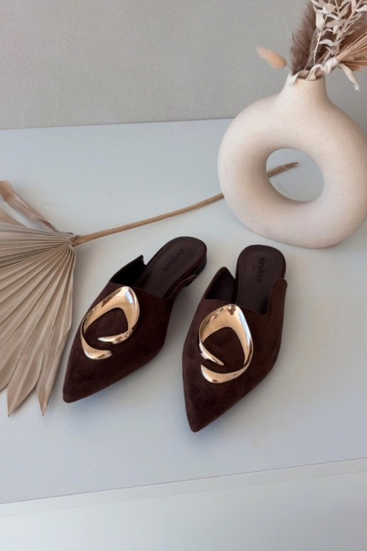 Dames chocoladekleurige "Mule" slippers met luxe gouden details Galvella