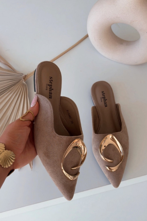 Dames zandkleurige "Mule" slippers met luxe gouden details Galvella