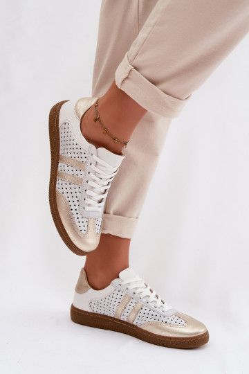 Leer met elementen van opengeInerkt Sneakers model schoenen Dames Zazoo N1318 grijs-gouden kleur