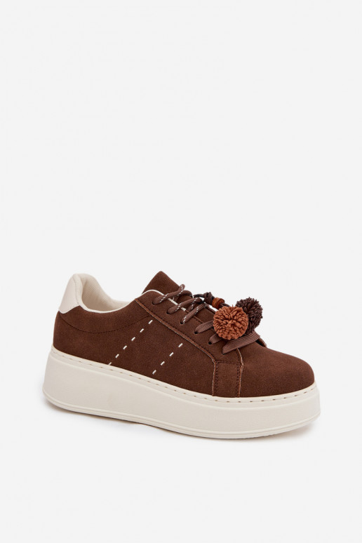 Chocolade Corinna dames platform sportschoenen met sierlijke pompons