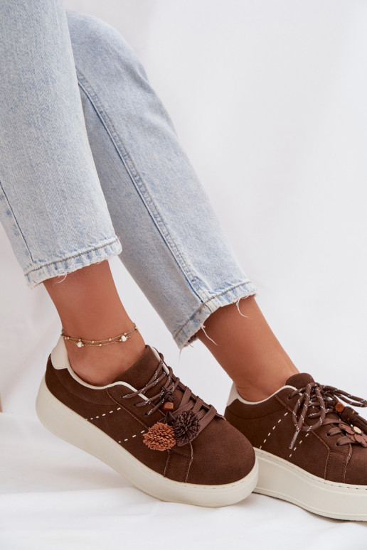 Chocolade Corinna dames platform sportschoenen met sierlijke pompons