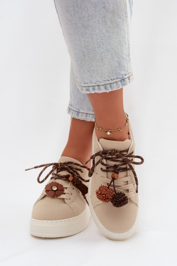 Zandkleurige Corinna dames platform sportschoenen met sierlijke pompons 2