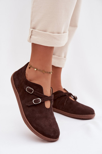 Leren suède dames "Barefoot" schoenen met bandjes Zazoo N1271, chocolade kleur 2