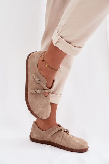 Leren suède dames "Barefoot" schoenen met bandjes Zazoo N1271, zandkleur