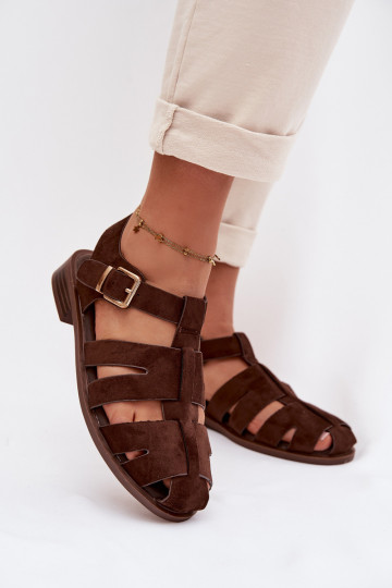 Dames sandalen met gouden gespen, chocolade kleur, Janessa 2
