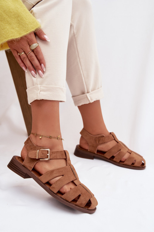 Dames sandalen Rzymianki met gouden gespen bruine kleur Janessa