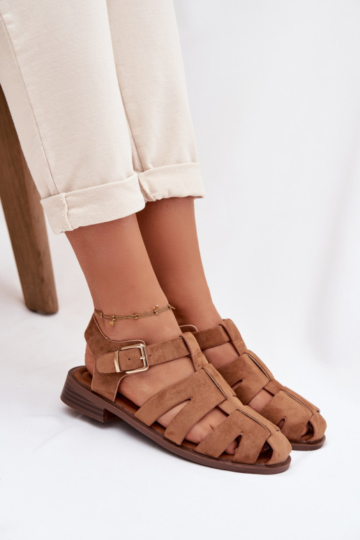 Dames sandalen Rzymianki met gouden gespen bruine kleur Janessa