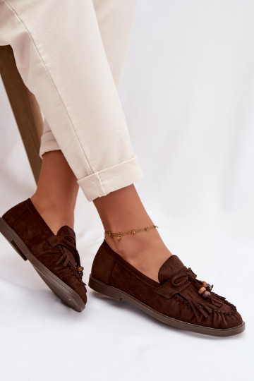 Dames mocassins met franjes, koraal-chocolade kleur, Teressa