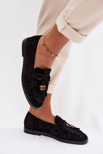 Dames mocassins met franjes, koraal-zwarte kleur, Teressa