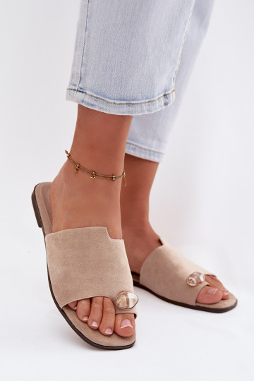 Slippers Dames plat Met sierlijk Detalem van eco-suèdeoIne beige Selavine