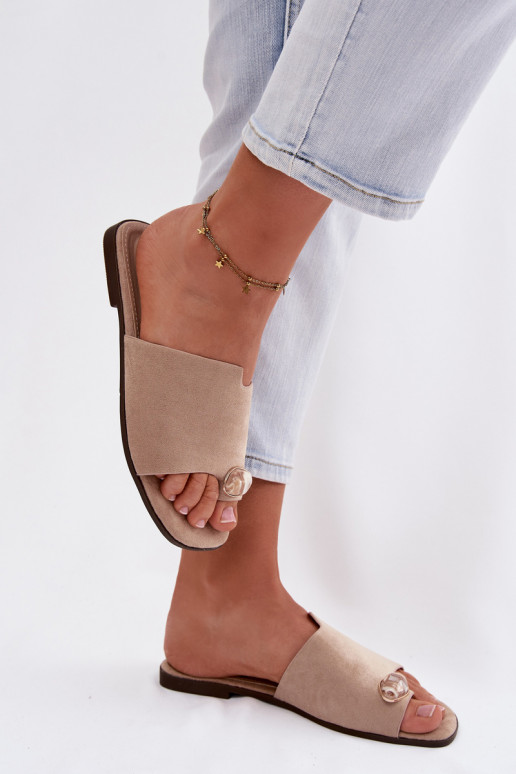 Slippers Dames plat Met sierlijk Detalem van eco-suèdeoIne beige Selavine