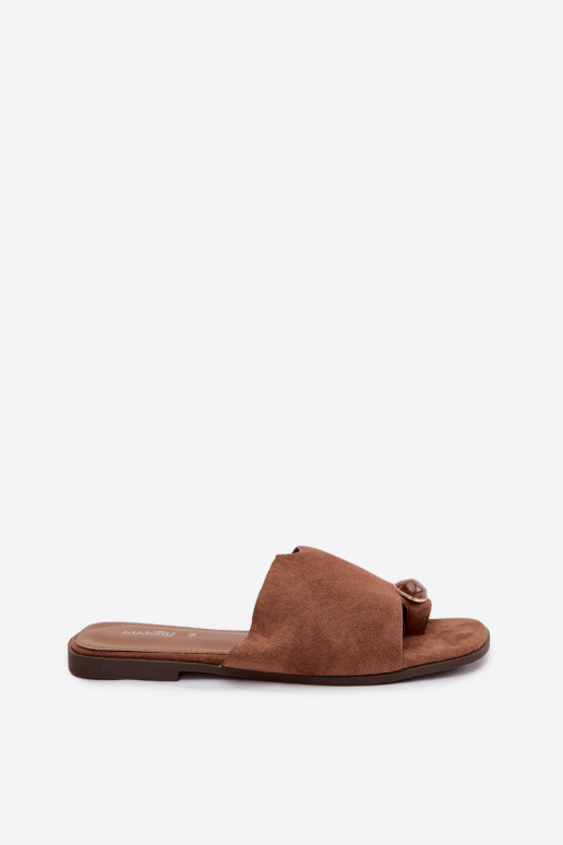 Slippers Dames plat Met sierlijk Detalem van eco-suèdeoIne bruine kleur Selavine