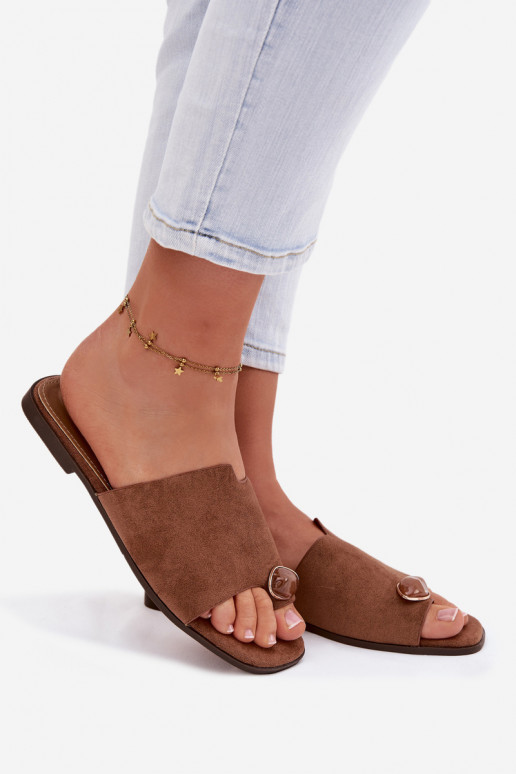 Slippers Dames plat Met sierlijk Detalem van eco-suèdeoIne bruine kleur Selavine