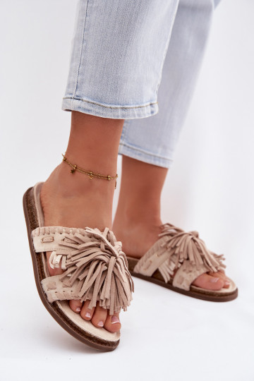 Dames slippers met franjes, zandkleur, Glorinna