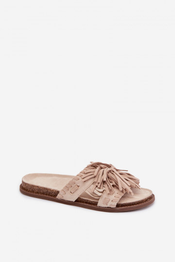 Dames slippers met franjes, zandkleur, Glorinna 2