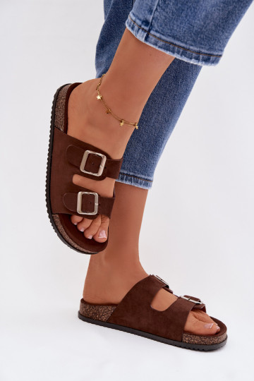 Chocolade kleurige dames slippers Oliena met gespen