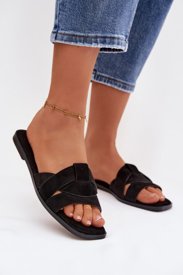 Dames zwarte platte pantoffels met bandjes van kunstsuède Florane