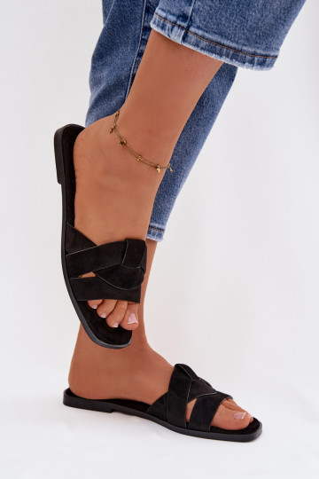 Dames zwarte platte pantoffels met bandjes van kunstsuède Florane 2