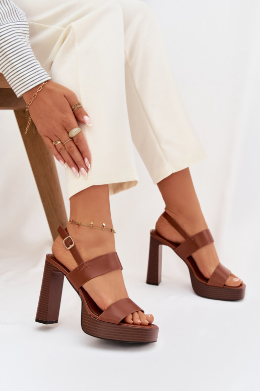 Damessandalen met hoge hakken en platform Eko Leer bruine kleur Hanelia