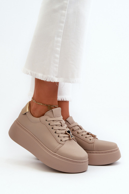 Dames Leer Sneakers model schoenen met platform beige Vinceza 66700
