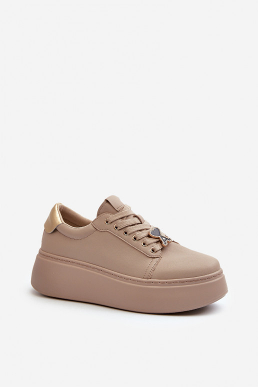 Dames Leer Sneakers model schoenen met platform beige Vinceza 66700