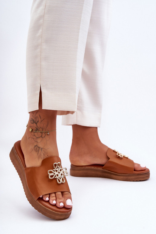Leer Dames Slippers met platform met decoratie bruine kleur Azera
