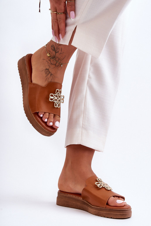 Leer Dames Slippers met platform met decoratie bruine kleur Azera