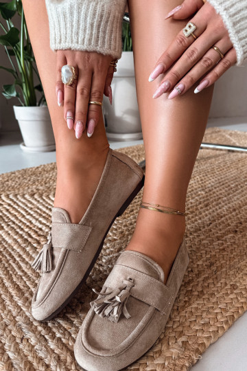 Damesmokassins met franjes in zandkleur 2