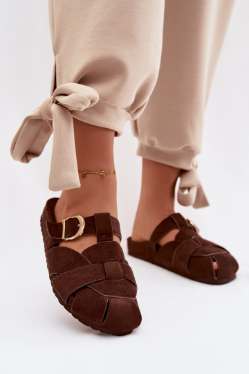 Dames slippers Mule met bandjes en gouden gespen in chocoladebruin Ganelle