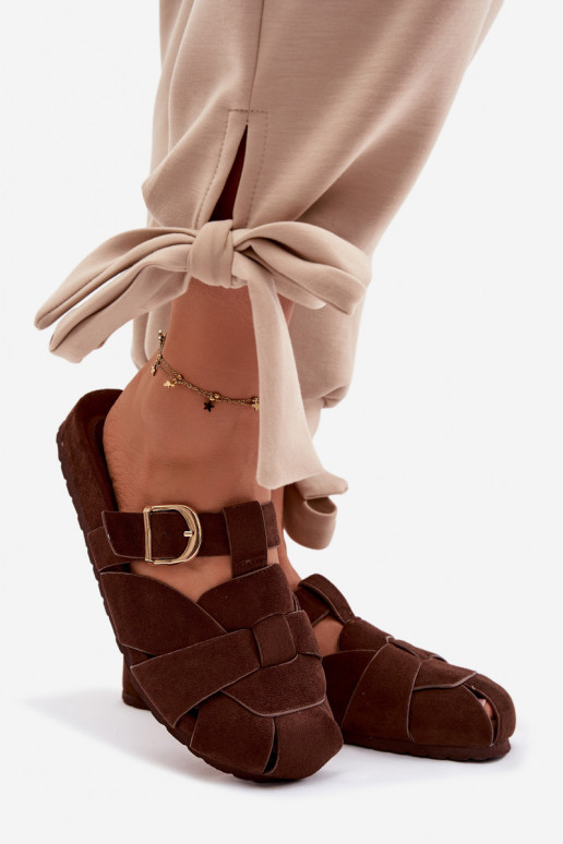 Damespantoffels Mule Met Strepen I Złotą met gespen CzekoladoIne Ganelle