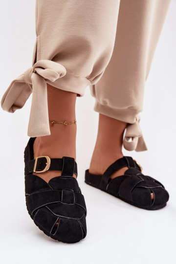Dames slippers Mule met bandjes en gouden gespen in zwart Ganelle 2