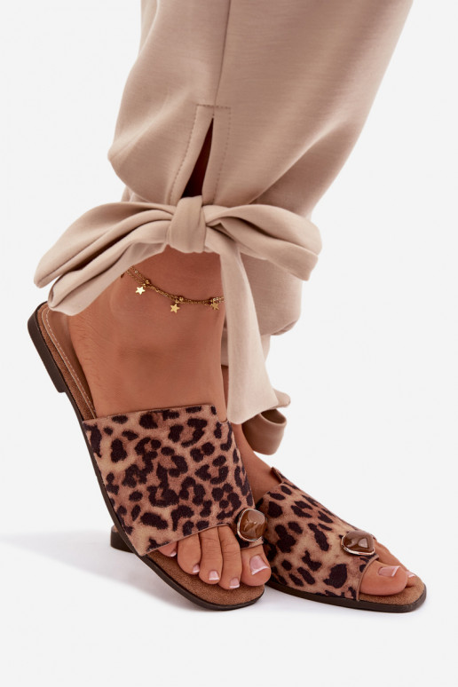 Slippers Dames plat Met sierlijk Detalem van eco-suèdeoIne met luipaardbontpatronen Selavine