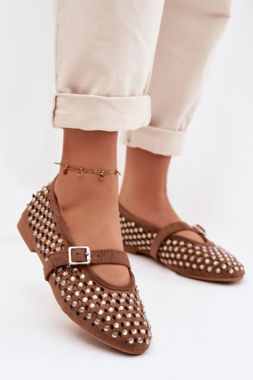 Ballerinas Dames met elementen van opengeInerkt met sprankelende gaten I Strepenem bruine kleur INilvessa