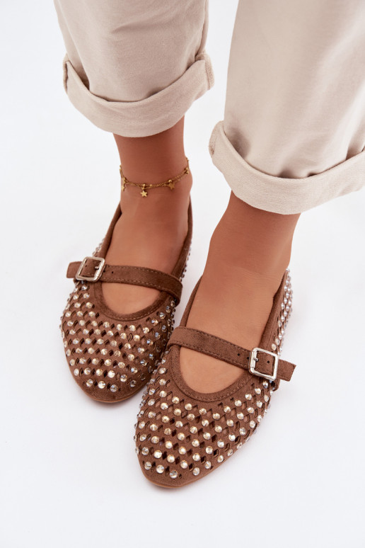 Ballerinas Dames met elementen van opengeInerkt met sprankelende gaten I Strepenem bruine kleur INilvessa