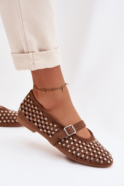 Ballerinas Dames met elementen van opengeInerkt met sprankelende gaten I Strepenem bruine kleur INilvessa