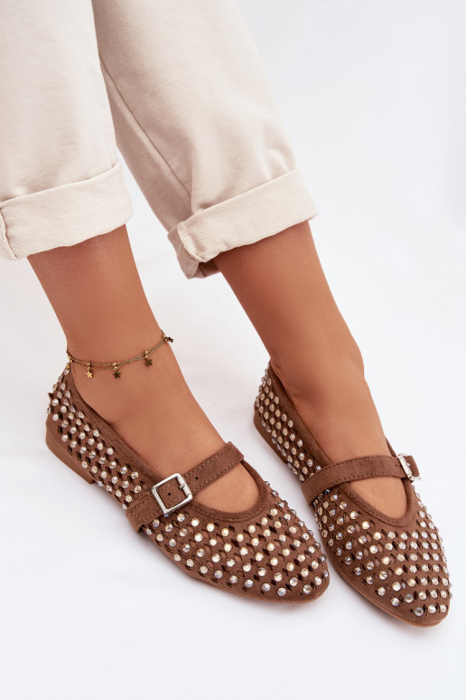 Ballerinas Dames met elementen van opengeInerkt met sprankelende gaten I Strepenem bruine kleur INilvessa