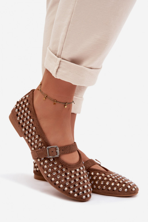 Ballerinas Dames met elementen van opengeInerkt met sprankelende gaten I Strepenem bruine kleur INilvessa