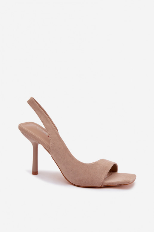 Dames sandalen met dunne hakkenvan eco-suèdeu beige Calvoria