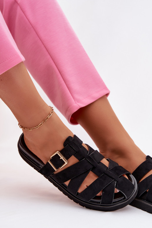 Dames slippers met bandjes en gouden gespen in zwart Roselisse