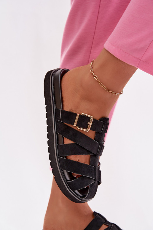 Dames slippers met bandjes en gouden gespen in zwart Roselisse