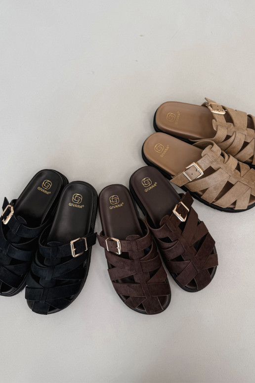 Dames slippers met bandjes en gouden gespen in zwart Roselisse