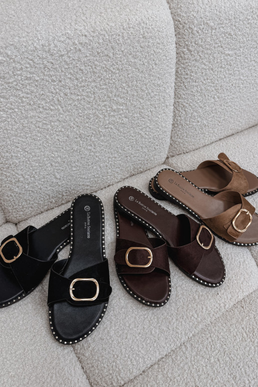 Dames slippers met brede hakken en gouden gespen in zwart Selivelle