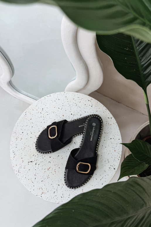 Dames slippers met brede hakken en gouden gespen in zwart Selivelle