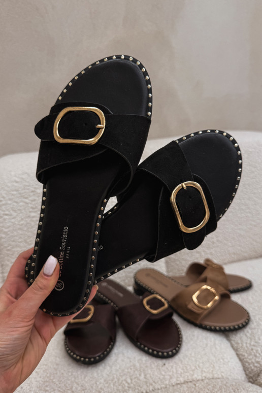 Dames slippers met brede hakken en gouden gespen in zwart Selivelle