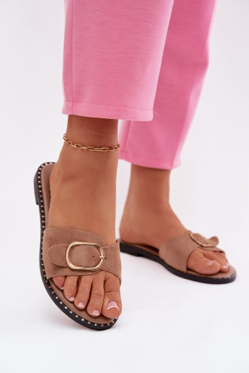 Dames slippers met brede hakken en gouden gespen in bruin Selivelle