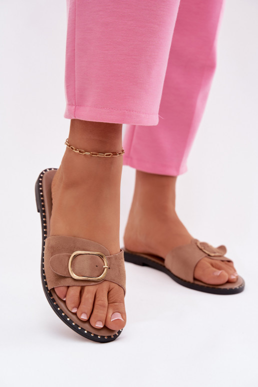 Dames slippers met brede hakken en gouden gespen in bruin Selivelle