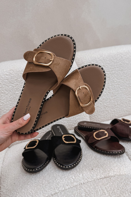 Dames slippers met brede hakken en gouden gespen in bruin Selivelle