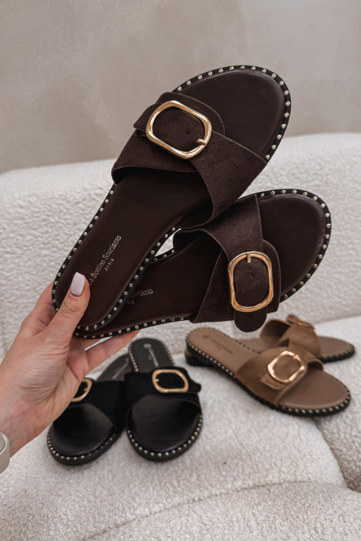 Dames slippers met brede hakken en gouden gespen in chocoladebruin Selivelle